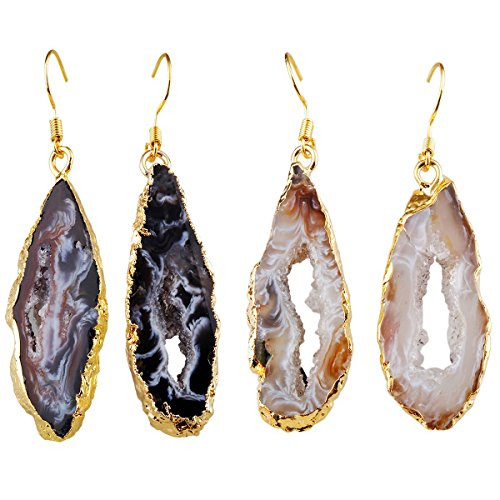 SUNYIK Natural Quartz Geode Agate Slice Dangle Earrings_DarkLight Color Crystal Druzy_ 2 Pairs