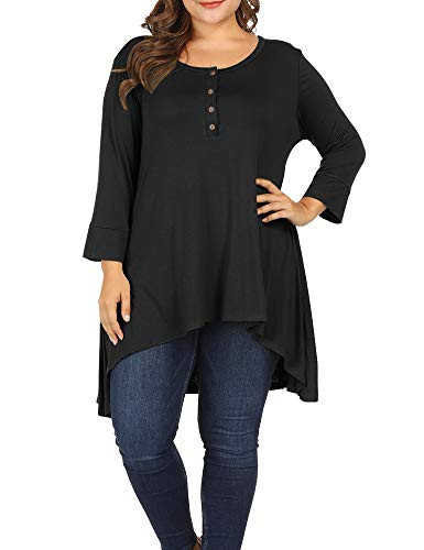 Allegrace Women Plus Size Henley Button Long Sleeve Tunic Shirts Round Neck Long Tunics Top Black 4X