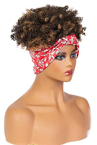 Short Ombre Brown Kinky Curly Headband Wigs for Black Women Synthetic Wig Red Printing Headwrap Wig 2 in 1 Natural Looking Wig Hair Replacement Wig