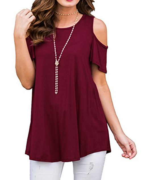 PrinStory Womens Short Sleeve Casual Cold Shoulder Tunic Tops Loose Blouse Shirts Wine Red_US Medium PrinStory Womens Short Sleeve Casual Cold Shoulder Tunic Tops Loose Blouse Shirts Wine Red_US Medium