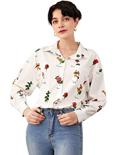 MakeMeChic Womens Casual Floral Print Pocket Front Button Up Drop Shoulder Blouse White S