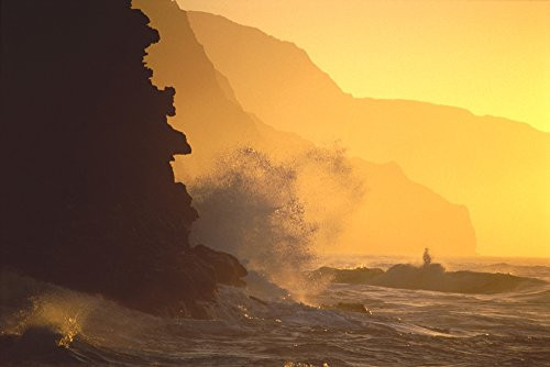 Posterazzi Hawaii Kauai Na Pali Coast At Sunset From Haena Crashing Waves Against Rocks Misty Yellow Sky Poster Print_  19 x 12