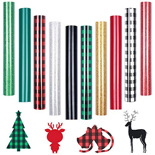 Welecom 10 Sheets Heat Transfer Vinyl Christmas Buffalo Plaid Iron_on Vinyl Bundle Transfers HTV Vinyl PU Glitter Heat Transfer Vinyl Adhesive Vinyl C
