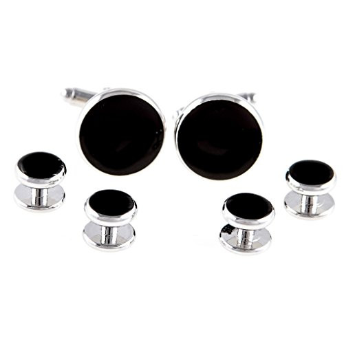 MRCUFF Black Onyx Round Formal Tuxedo Cufflinks  and  Studs Set in a Presentation Gift Box  and  Polishing Cloth
