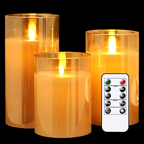 GenSwin LED Flameless Flickering Battery Operated Candles with 10_Key Remote Control_ Real Wax Moving Wick Pillar Glass Candles for Festival Wedding C
