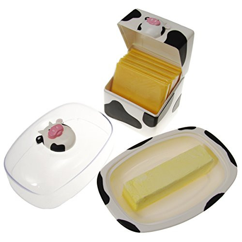 Joie Moo Moo Cow Covered Butter Dish & Cheese Slices Container Plastic Holders Bundle