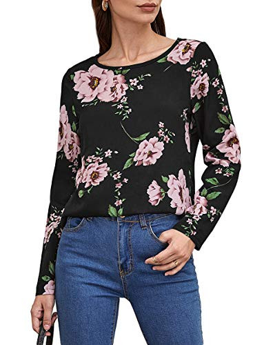 Romwe Womens Casual Floral Print Long Sleeve Round Neck Workwear Top Blouse Shirts Black L