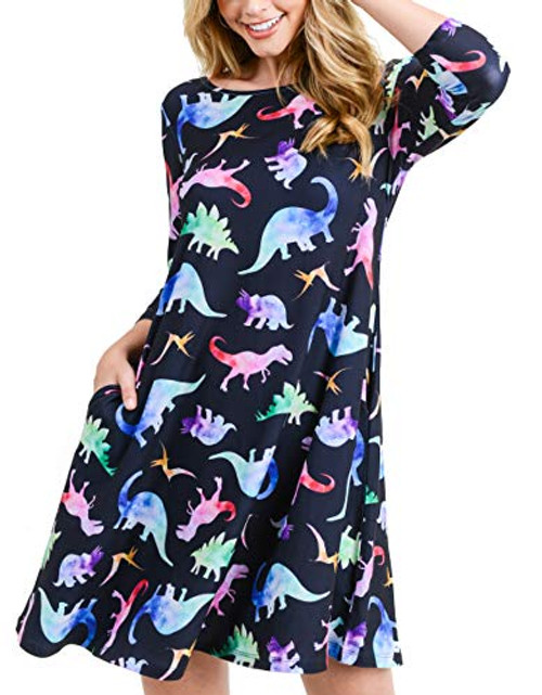 ICONOFLASH Womens Novelty Print Dinosaur Dresses with Pockets 34 Sleeves Crew Neck A Line Dress Black Size Medium