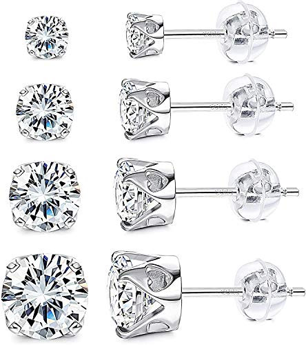 Milacolato 4 Pairs Sterling Silver Stud Earrings 18K White Gold Plated Hollow 4 Prong Round Cubic Zirconia Stud Earrings for Men Women 4MM_7MM