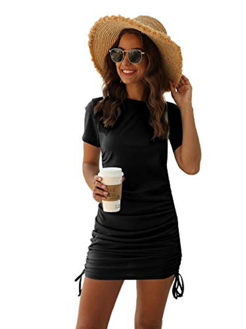 Verdusa Womens Drawstring Ruched Short Sleeve Round Neck Bodycon Mini Dress Black M Verdusa Womens Drawstring Ruched Short Sleeve Round Neck Bodycon Mini Dress Black M