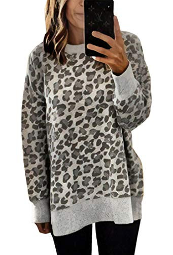 Angashion Womens Sweatshirts _ Casual Leopard Print Crewneck Long Sleeve Oversized Pullover Tunic Sweatshirt Tops Grey XL