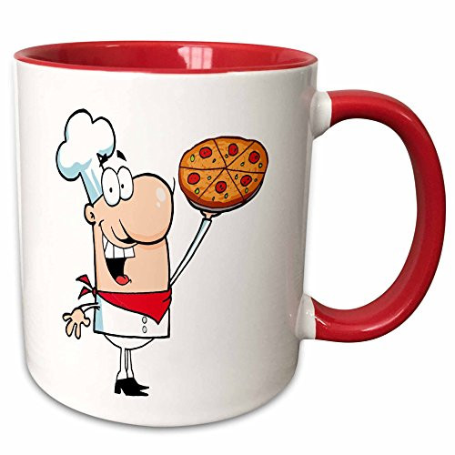 3dRose 118655_5 Funny Cartoon Pizza Pie Chef Ceramic Mug 11 oz Red/White