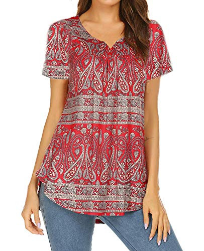 Womens Summer Boho Tops Short Sleeve Floral Henley V Neck Top Casual Tunic Blouse Loose Shirt Red M