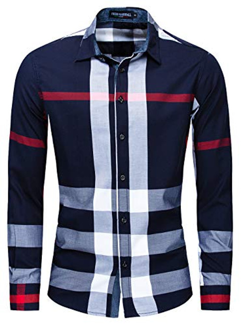 CLOTPUS Mens Cotton Long Sleeve Casual Plaid Shirts Collared Button Down Regular Fit 199 Blue XL