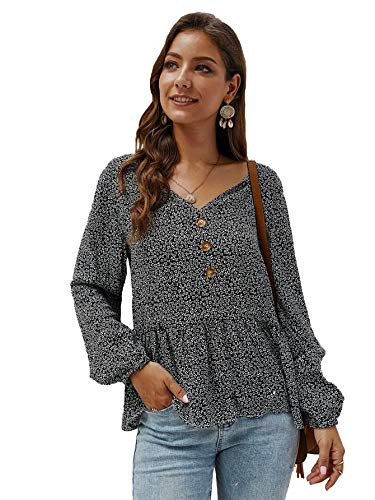 SOLY HUX Womens Ditsy Floral Print V_Neck Button Front Long Sleeve Ruffle Hem Peplum Top Blouse Black M