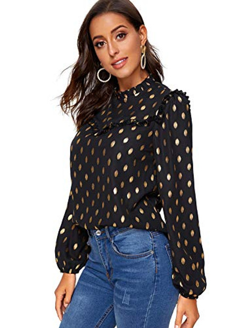 SOLY HUX Womens Frill Trim Long Sleeve Metallic Dots Print Top Blouse Black L SOLY HUX Womens Frill Trim Long Sleeve Metallic Dots Print Top Blouse Black L