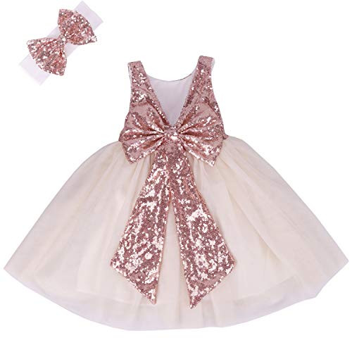 Cilucu Flower Girl Dress Baby Toddlers Sequin Dress Tutu Kids Party Dress Bridesmaid Wedding Gown Birthday Dress Rose GoldOff White 12months_24months