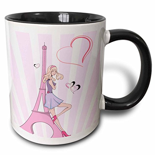 3dRose (mug_106888_4) Girly Pink Girl Eiffel Tower and Hearts Paris Love Vector Illustration - Two Tone Black Mug, 11oz