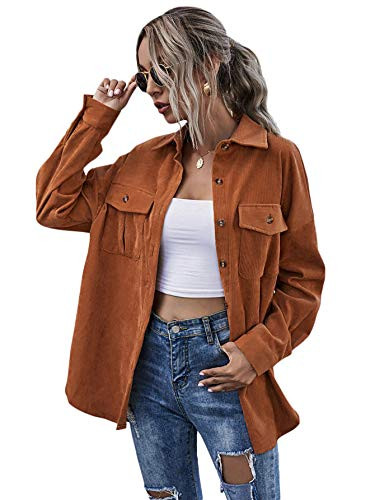 MakeMeChic Womens Flap Pocket Button Front Long Sleeve Corduroy Jacket Coat Brown S