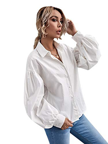 MakeMeChic Womens Button Front Blouse Drop Shoulder Lantern Long Sleeve Shirt White S