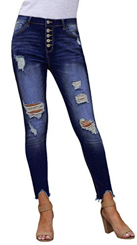 roswear Womens Button Fly Frayed Ankle High Rise Ripped Skinny Jeans Blue XL