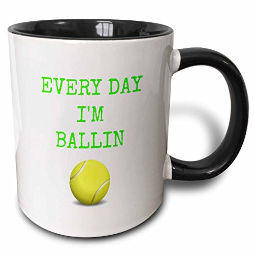 3dRose mug_172355_4 Every Day I'm Ballin, Tennis Ball Picture, Green Lettering Ceramic, 11oz, Black/White