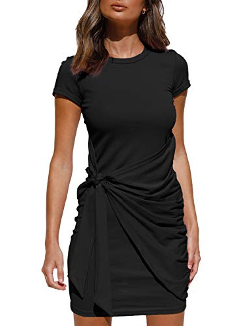 LILLUSORY Womens Summer T Shirt Dress Casual Short Sleeve Crewneck Bodycon Ruched Tie Waist Mini Dresses Black LILLUSORY Womens Summer T Shirt Dress Casual Short Sleeve Crewneck Bodycon Ruched Tie Waist Mini Dresses Black
