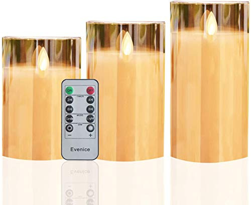 Evenice Flameless Candles LED Candles Flickering with Glass Shell Battery Operated Flickering Light Pillar Real Wax with Timer and 10_Key Remote for D