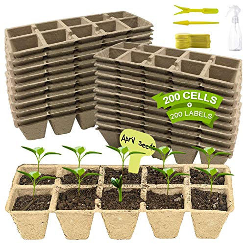 200Cells Seedling Start Trays Peat Pots Seedling Pots Biodegradable Seed Starter Kit Organic Germination Seedling Trays for Outdoor Indoor Plants with