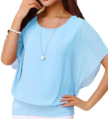 Neineiwu Womens Loose Casual Short Sleeve Chiffon Top T_Shirt Blouse  Light Blue 2XL