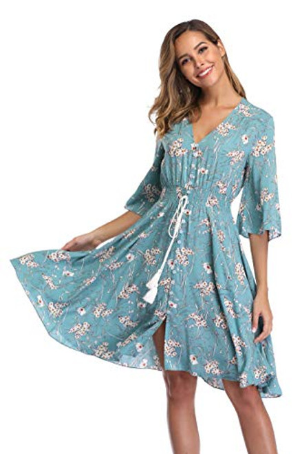 VintageClothing Womens Floral Sundresses Flowy Boho Summer Casual Beach Dress Button Up Midi Party Dress_ S