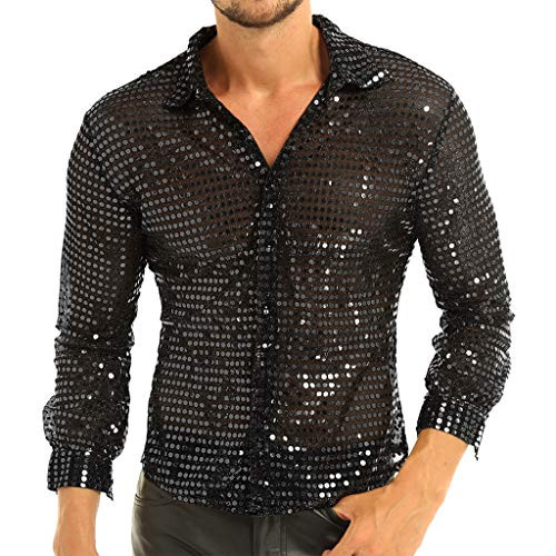 YiZYiF Mens Dress Shirt Shiny Sequins Long Sleeve Button Down 70s Disco Shirt Party Costume Black Large