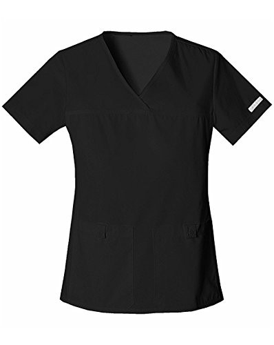 CHEROKEE Womens Scrubs Flexibles Sporty V_Neck Knit Panel Top_ Black_ Large