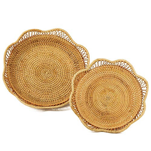 Fruit And Vegetable Storage Round Wicker Baskets Rattan Set 2 For Serving Potatoes Onions Bread Decor Basket Stackable Fruit Holder For Kitchen Counte