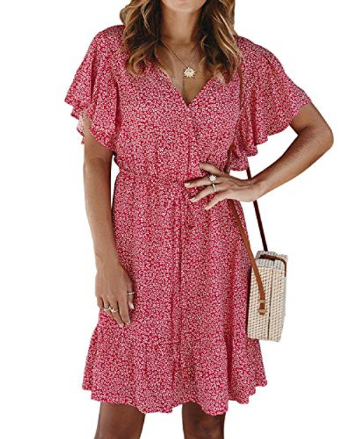 Unifizz Womens Boho V Neck Short Sleeve Wrap Split Mini Dress Babydoll Flowy Swing Ruffle Tunic Dresses 4538_Wine Red XL