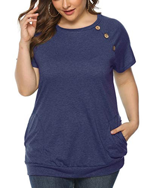 Gognia Womens Plus Size Short Sleeve Casual Tunic Tops T Shirt Button Blouse with Pockets Blue 14 Plus