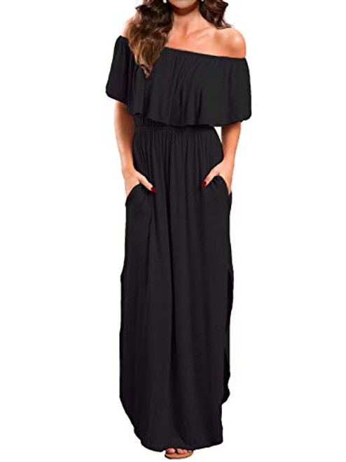 VERABENDI Womens Off Shoulder Summer Casual Long Ruffle Beach Maxi Dress with Pockets Black S