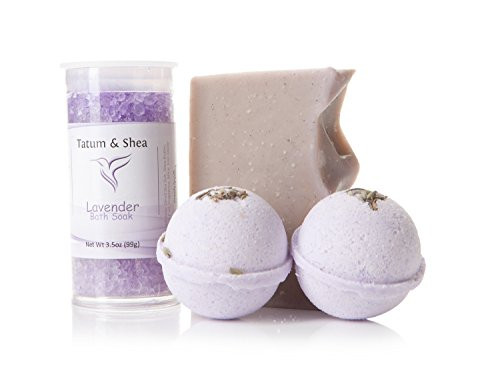 Bath/Spa Gift Set | Natural Handmade Lavender Soap Bar, Lavender Scented Dead Sea Bath Salts, 2 Lavender Fizzy Bath Bombs | Gift Boxed | Made in the USA by Tatum & Shea (Lavender)