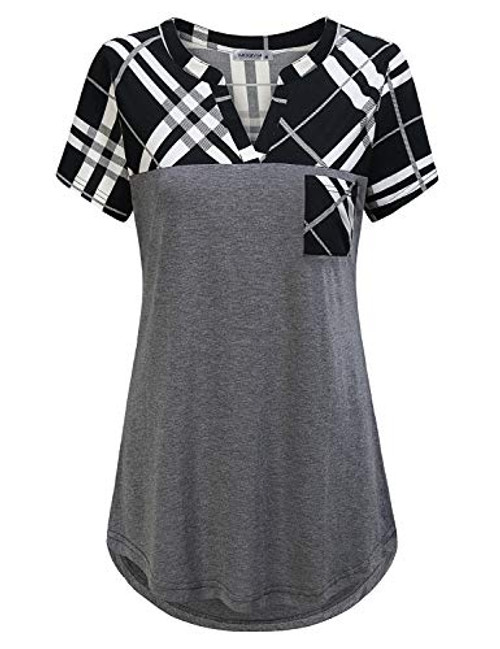 MOQIVGI Henley Shirts for Women_Trendy Short Sleeve Tartan Plaid Shirttail Hem Tops Mandarin Collar Notched Neck Comfy Casual Striped Tunic Ladies Nic