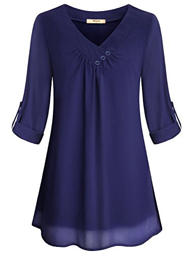 Miusey Office Tops for Women Juniors 2 in 1 Layered Chiffon Flowy Blouse Cuffed Sleeve Decorative Button Design Cross V Neck Shirts Woven Work to Wear