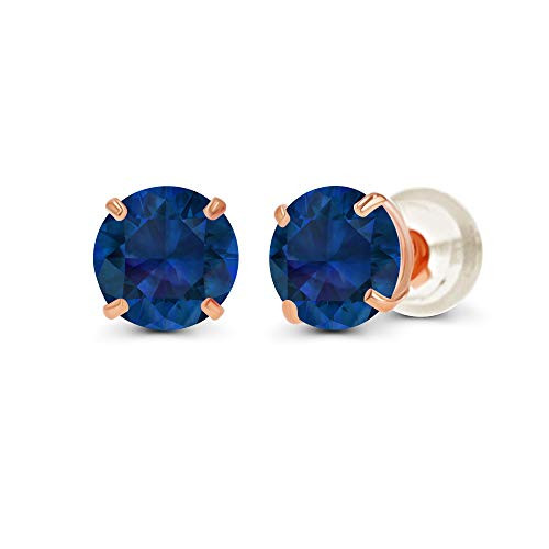 14K Rose Gold Plated Sterling Silver 6mm Round Created Blue Sapphire September Birthstone Prong Set Stud Earrings For Women and Girls