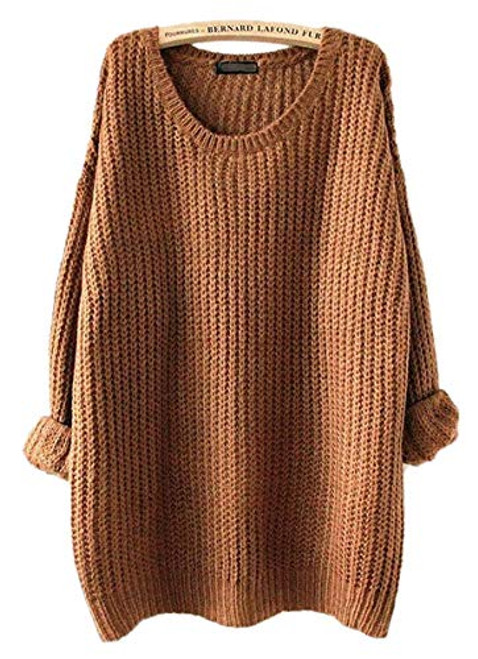 ARJOSA Womens Casual Loose Knit Crew Neck Oversized Pullover Sweater Jumper Tops  Brown