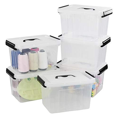 Tyminin Small Plastic Clear Storage Lidded Latch Box Bin with Black Handles_ 6 Packs