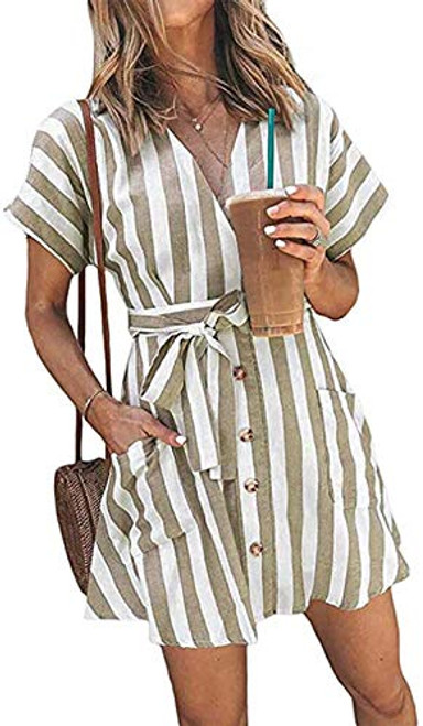 Ulrico1 Womens Stripe Short Sleeve Wrap V Neck Button Down Front Tie Dress Summer Casual Mini Shirt Dress with Pocket Apricot Striped_X_Large