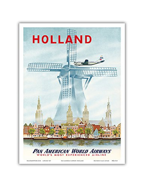 Holland - Netherlands Dutch Windmill - Pan American World Airways (PAA) - Vintage Airline Travel Poster 1951 - Master Art Print - 9in x 12in Holland - Netherlands Dutch Windmill - Pan American World Airways (PAA) - Vintage Airline Travel Poster 1951 - Master Art Print - 9in x 12in