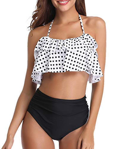 Tempt Me Women Polka Dot Two Piece Swimsuits Ruffle Flounce High Waisted Halter Bikini Teen Girl Bathing Suits M