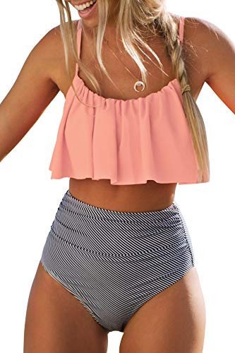 Cupshe Fashion Women Falbala High_waisted Bikini Set  M _ Pink Orange