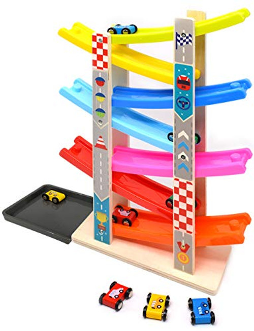 GeekHouse Wooden Race Track Car with 8 Mini Cars for Toddler_ Ramp Racer Toy Set for 1 2 3 Year Old Kid_ Early Educational Gift for Boy and Girl