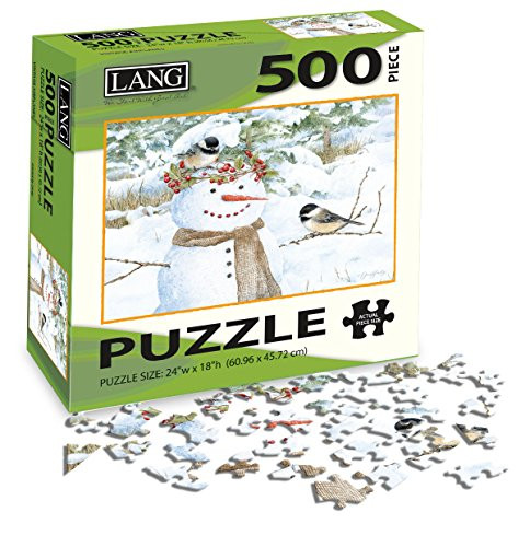 LANG - 500 Piece Puzzle -"Chickadee Snowman", Artwork by Jane Shasky - Linen Finish - 24 x 18 Completed