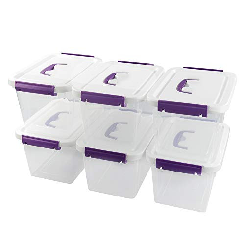 Ponpong 6 Quart Clear Plastic Storage Boxes with White Lids and Purple Handles_ 6 Packs